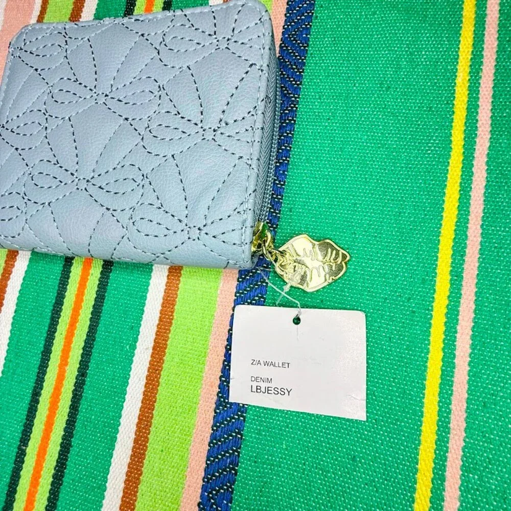 Luv Betsey Jessy Zip Around Wallet in 'Denim' Blue Embroidered  Faux Leather NWT